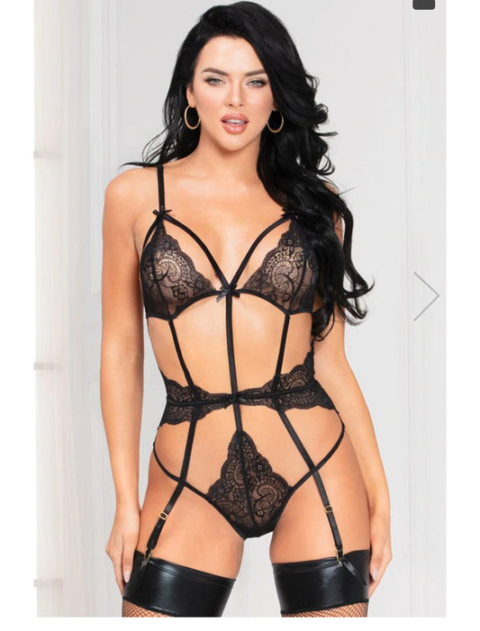 Crotchless Black Floral Lace Strappy Teddy